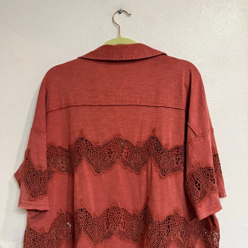 Free People We The Free Luca Tee Rust Crochet Lace Oversized Top Sz S